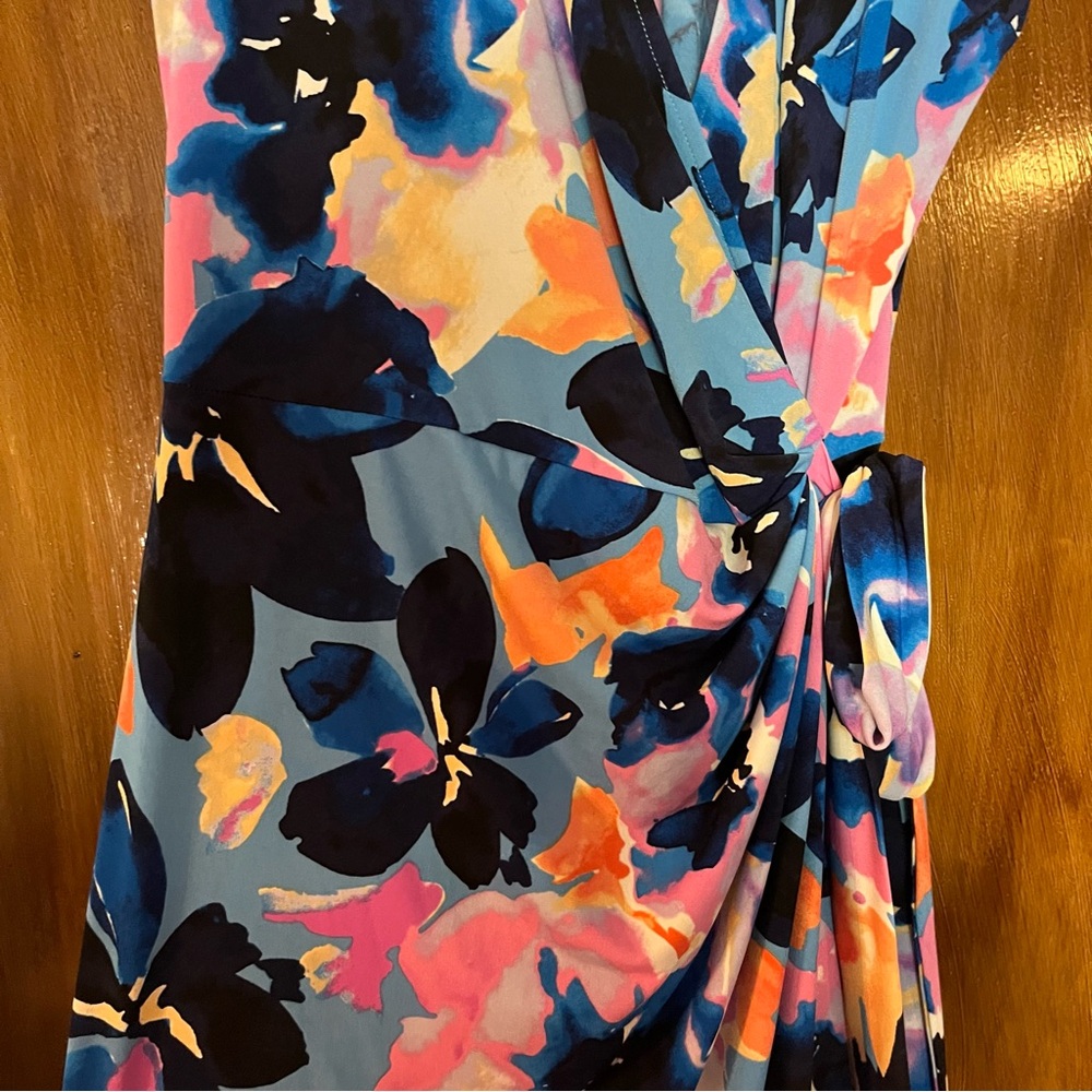 Maggy London Colorful Wrap Vneck Womens Dress Size 16 Tie - Picture 3 of 7